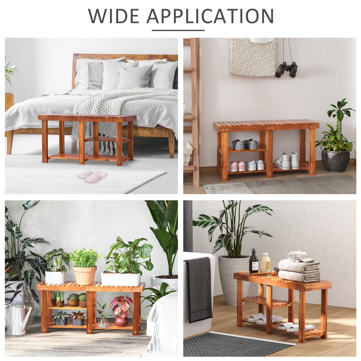 3-Tier Shoe Storage Bench, Acacia Wood, Teak Finish, For Hallway, Shoe, Boot Organizer