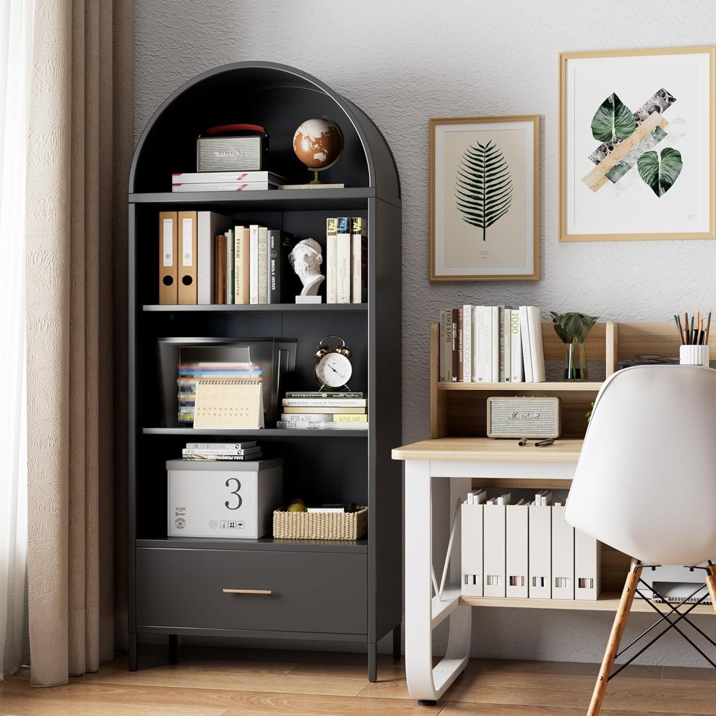 Metal Arched Bookshelf, Accent Arch Kitchen Pantry Cabinet With Drawer For Home Office Bar Living Room Farmhouse Black