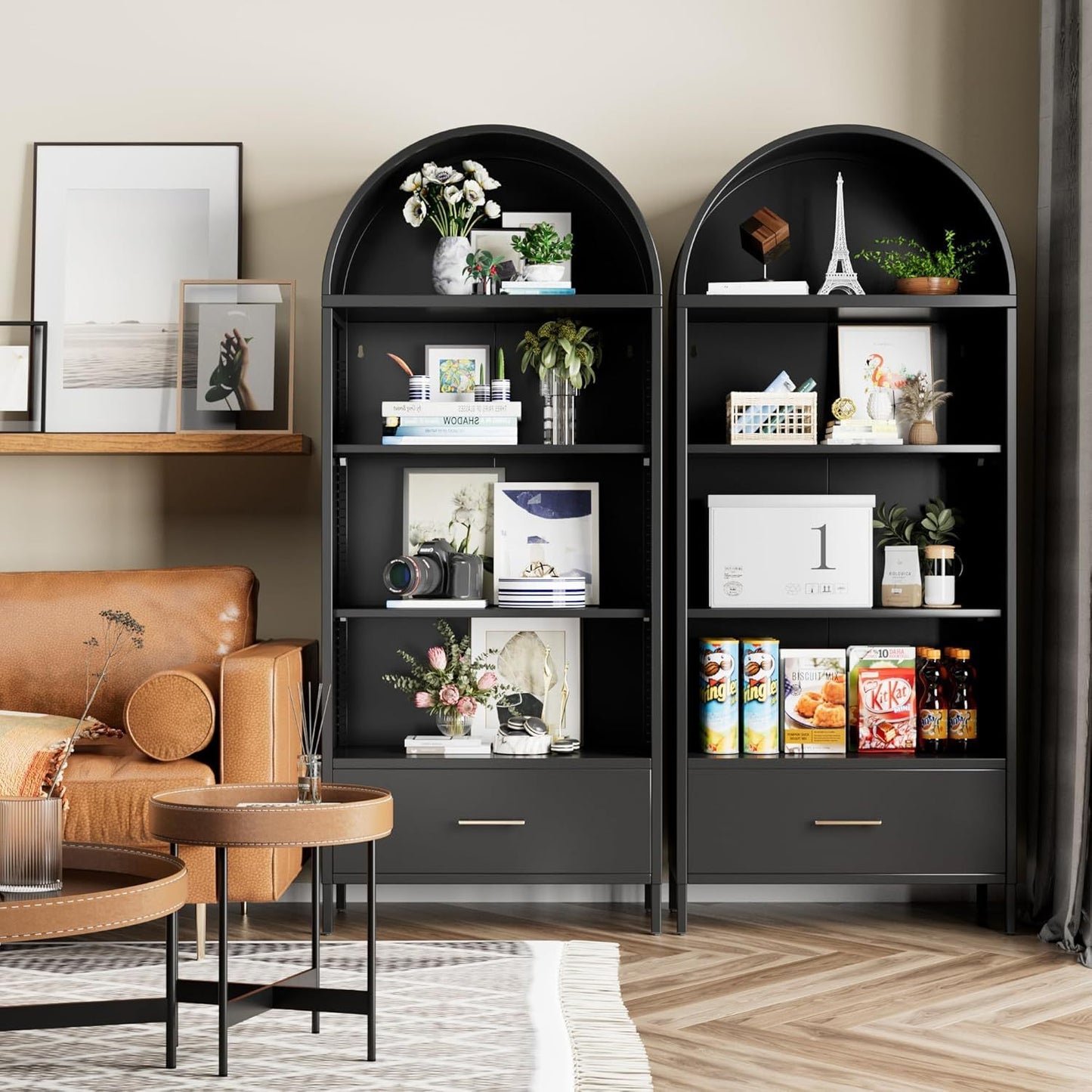 Metal Arched Bookshelf, Accent Arch Kitchen Pantry Cabinet With Drawer For Home Office Bar Living Room Farmhouse Black