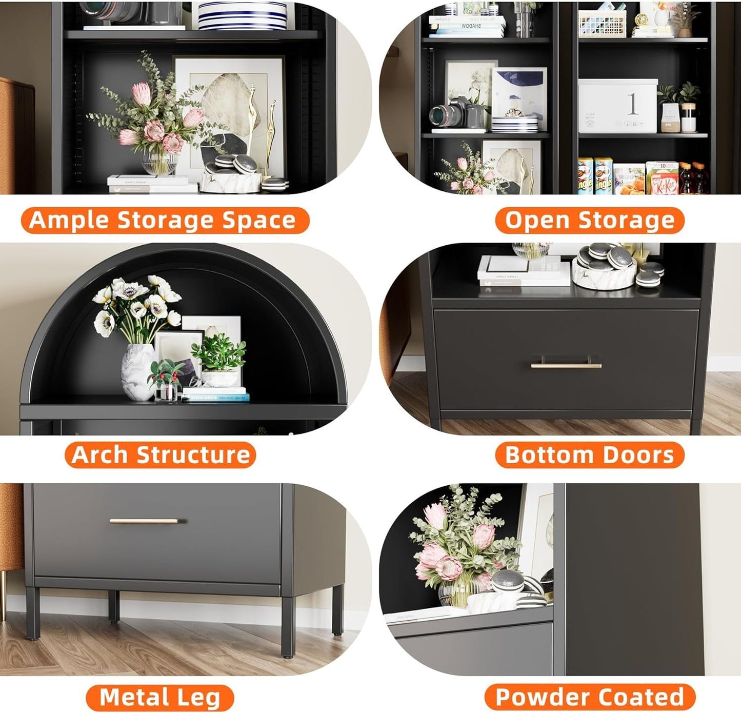 Metal Arched Bookshelf, Accent Arch Kitchen Pantry Cabinet With Drawer For Home Office Bar Living Room Farmhouse Black