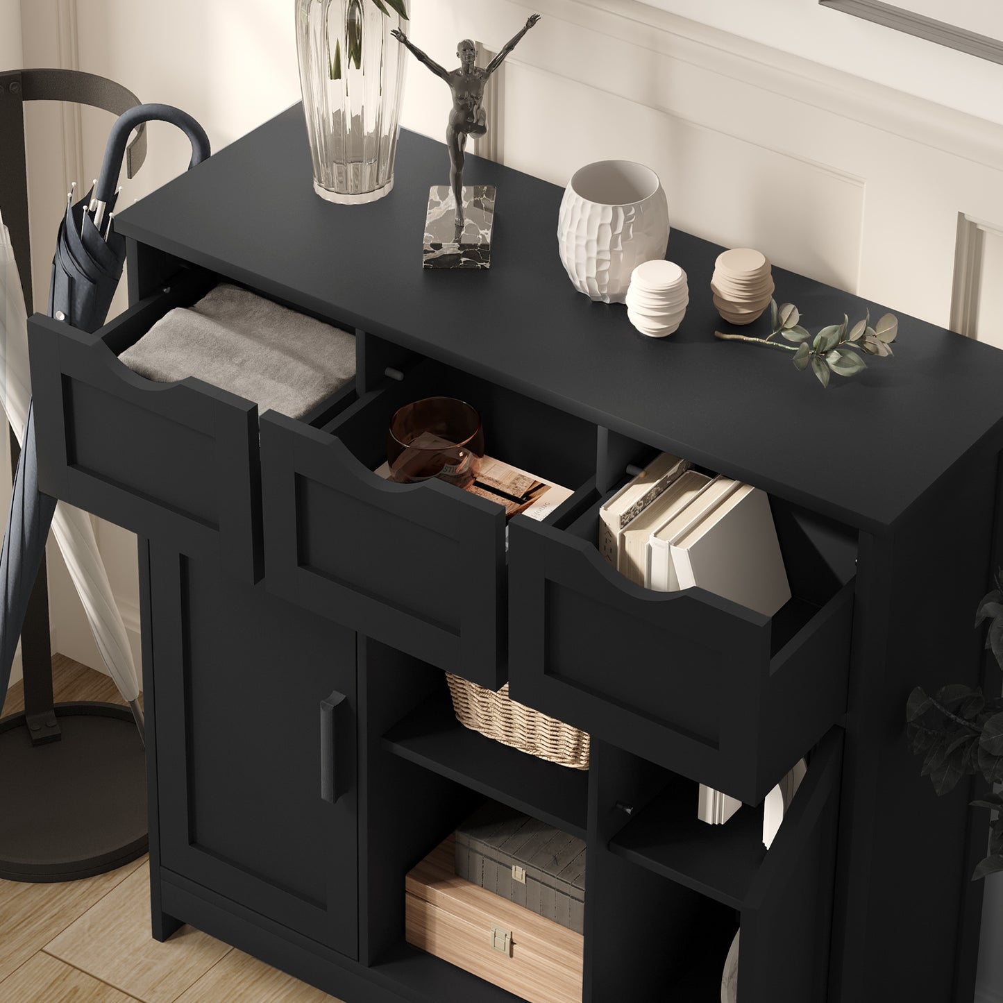 Storage Cabinet With Drawers And Shelves - Black