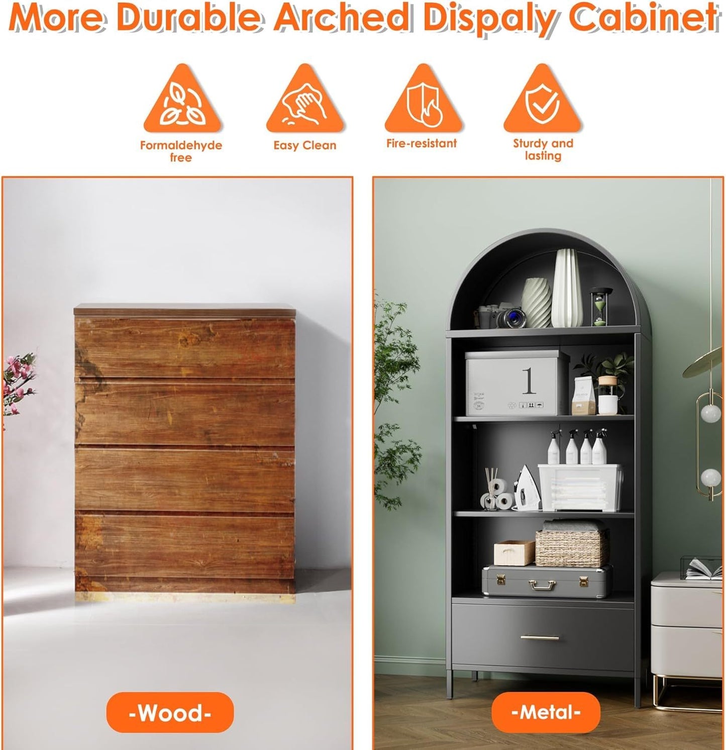 Metal Arched Bookshelf, Accent Arch Kitchen Pantry Cabinet With Drawer For Home Office Bar Living Room Farmhouse Black