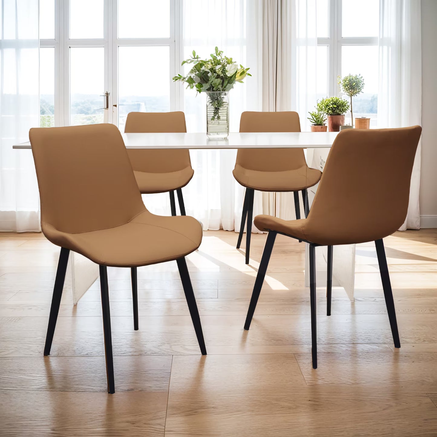 Modern Light Brown Dining Chairs with Metal Legs (Set of 4)