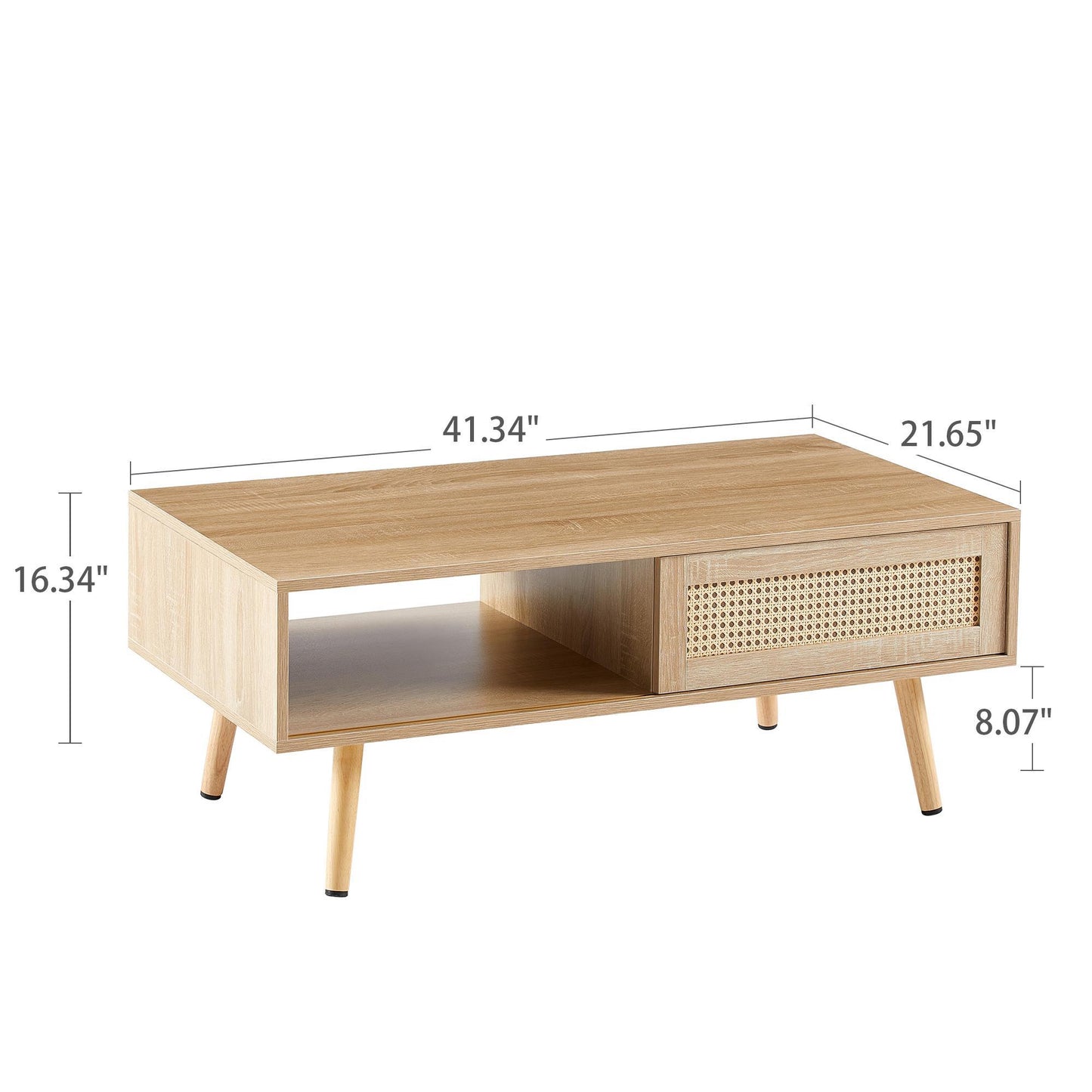41.34 Inch Rattan Coffee Table, Sliding Door For Storage, Solid Wood Legs, Modern Living Room Table, Natural
