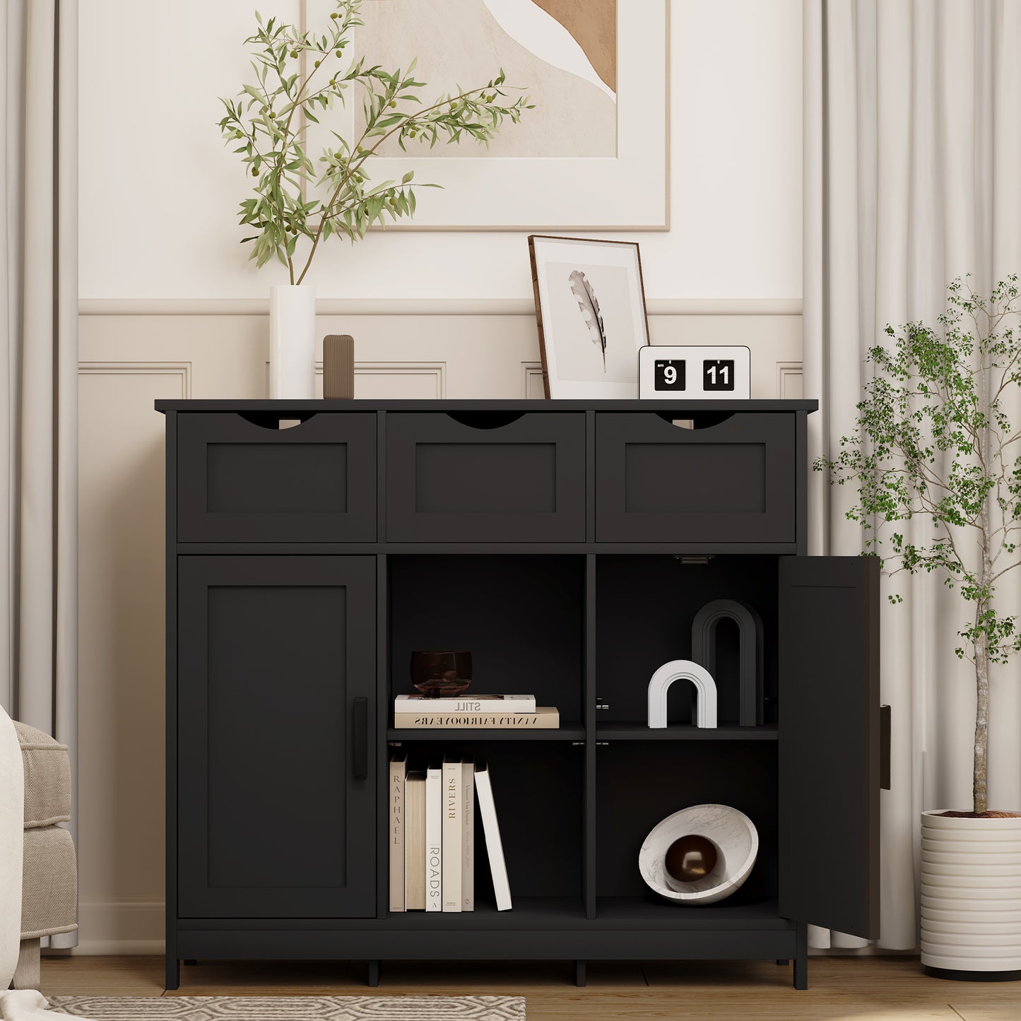 Storage Cabinet With Drawers And Shelves - Black