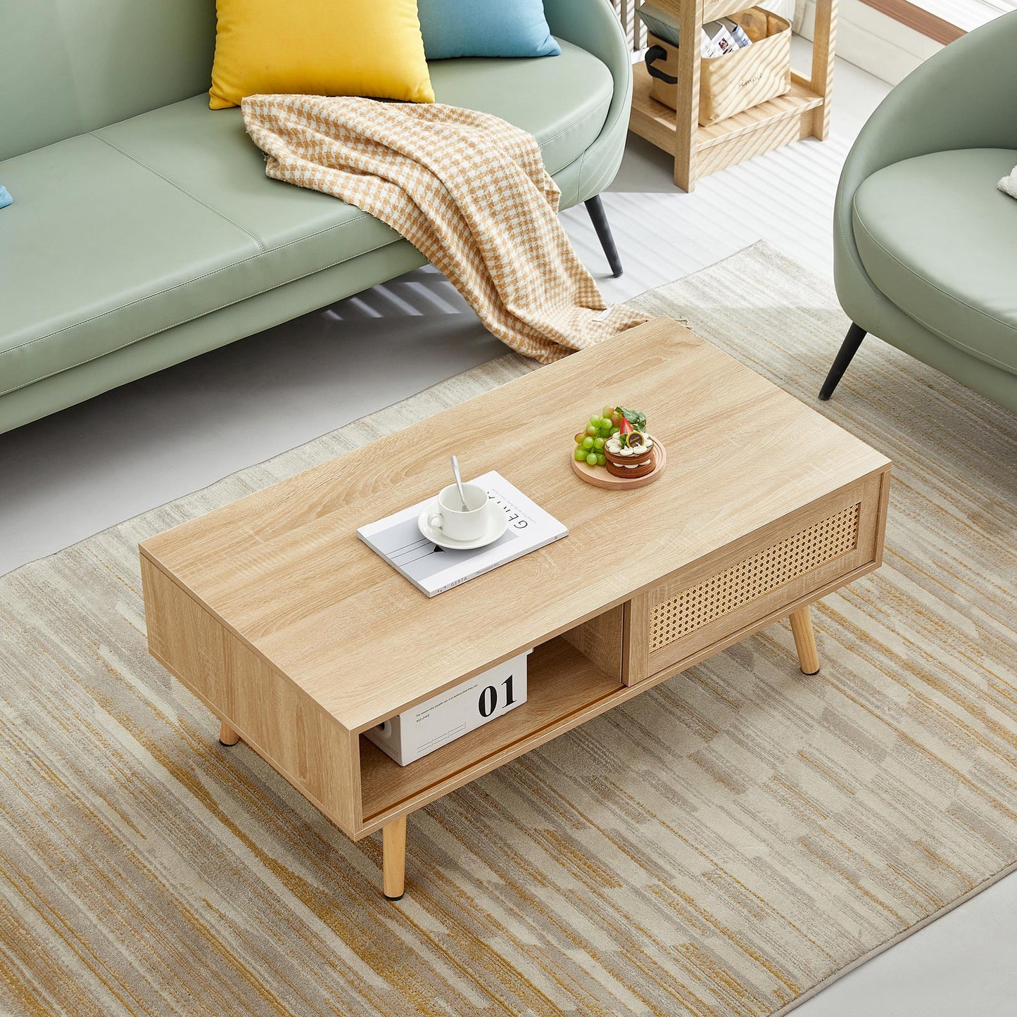 41.34 Inch Rattan Coffee Table, Sliding Door For Storage, Solid Wood Legs, Modern Living Room Table, Natural